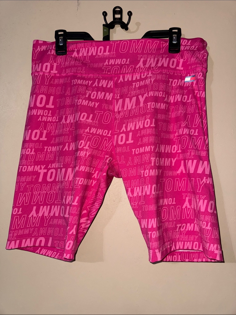 Tommy Hilfiger Sport Pink Logo Print Bike Shorts Womens XL High Waisted Athletic